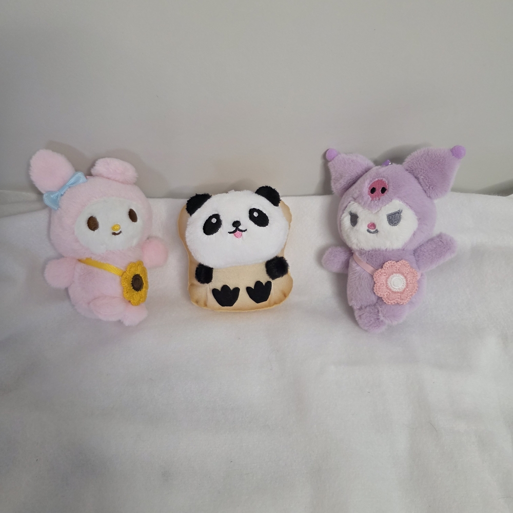 Kawaii Plush Keychain Bundle - My Melody, Kuromi & Panda Toast 3pc